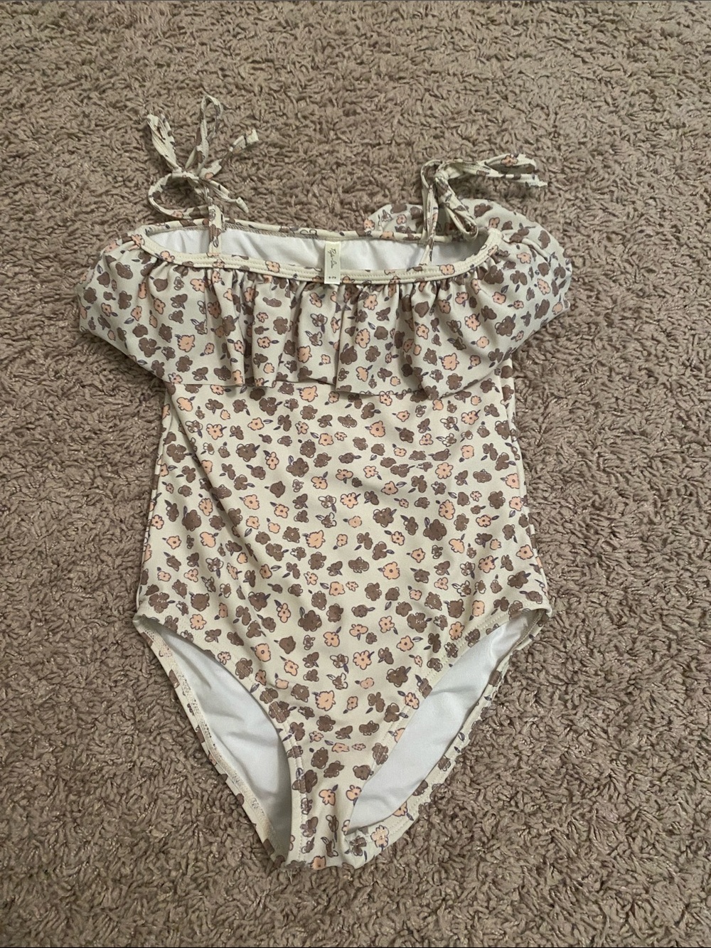 Girls Floral Ruffle One-Piece Swimsuit in Cream and Brown size 6-7